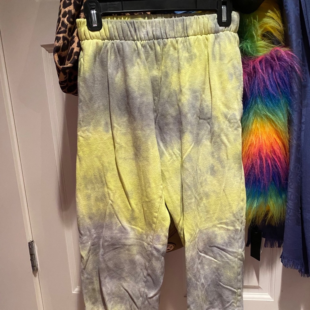 gray and yellow tie dye joggers
